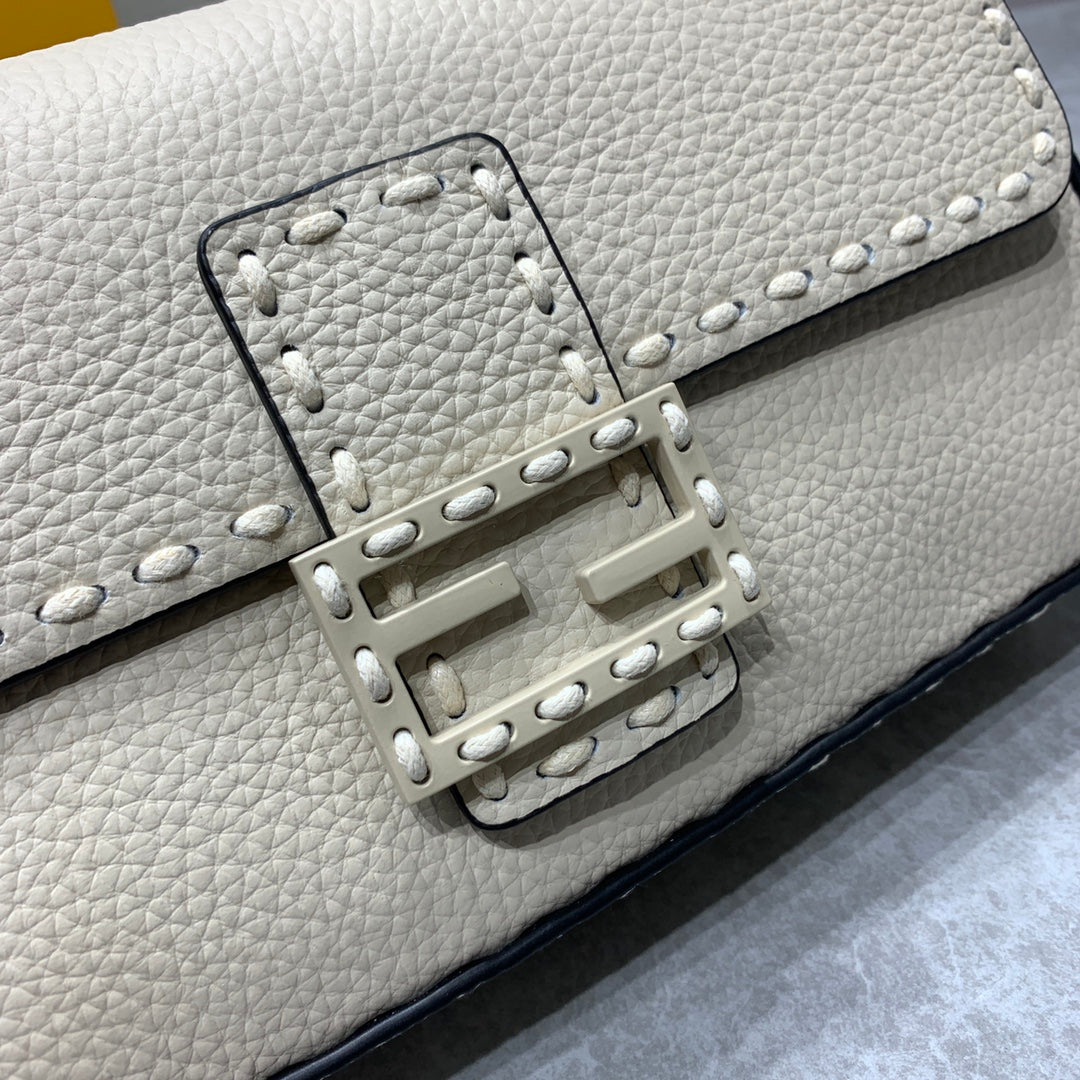 Fendi Baguette Beige Leather Shoulder Bag with Stud Detailing