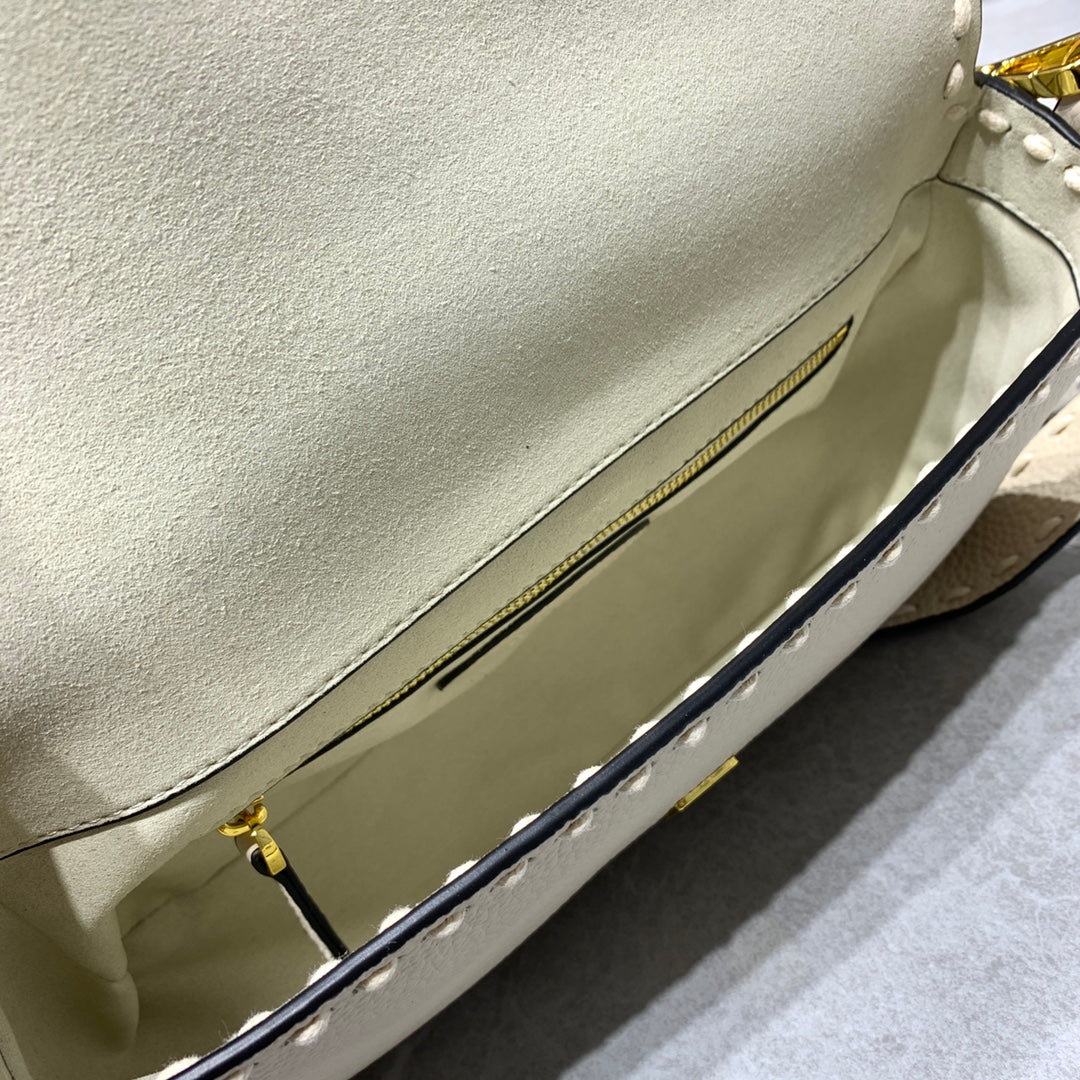 Fendi Baguette Selleria Leather Shoulder Bag in Cream with Studded Detail