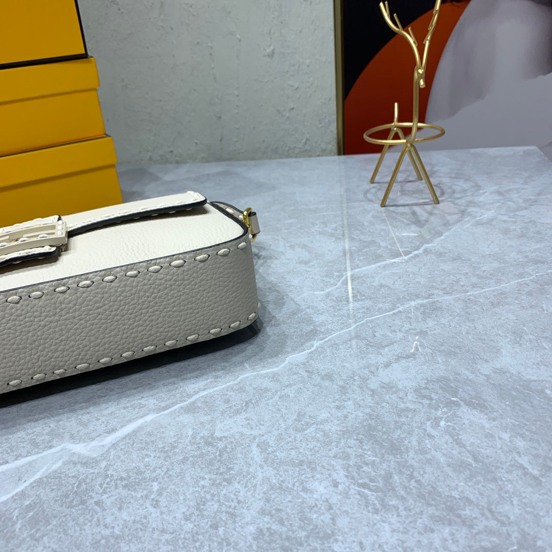 Fendi Baguette Beige Leather Shoulder Bag with Stud Detailing