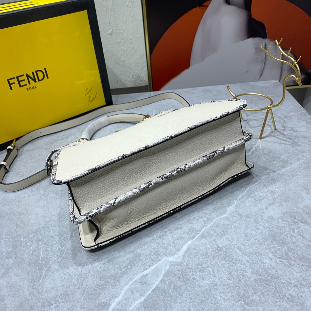 Fendi Peekaboo Medium Beige Leather Top Handle Bag with Patterned Trim