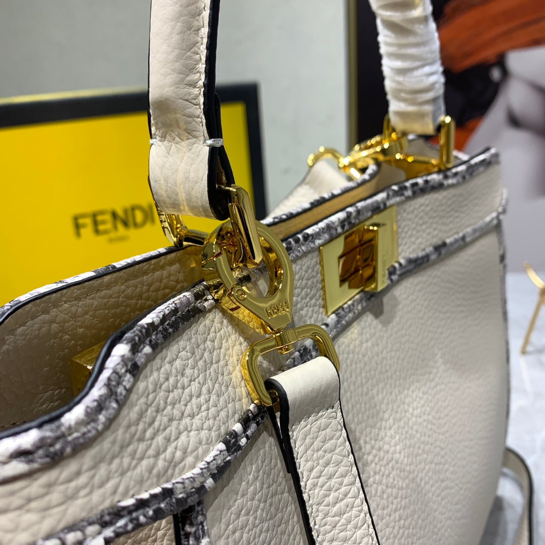 Fendi Peekaboo Medium Beige Leather Top Handle Bag with Patterned Trim