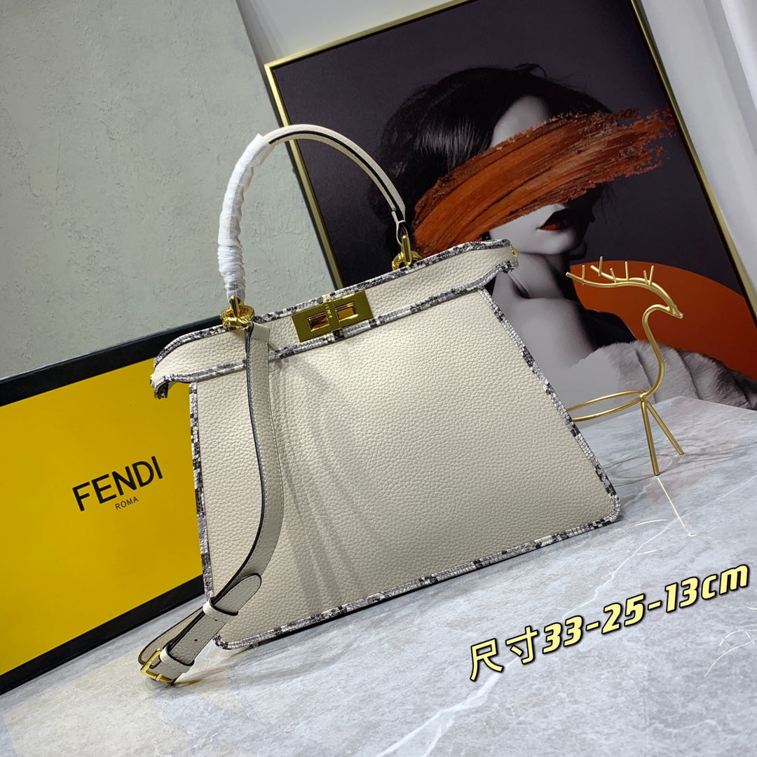 Fendi Peekaboo Medium Leather Handbag - Beige with FF Motif Trim