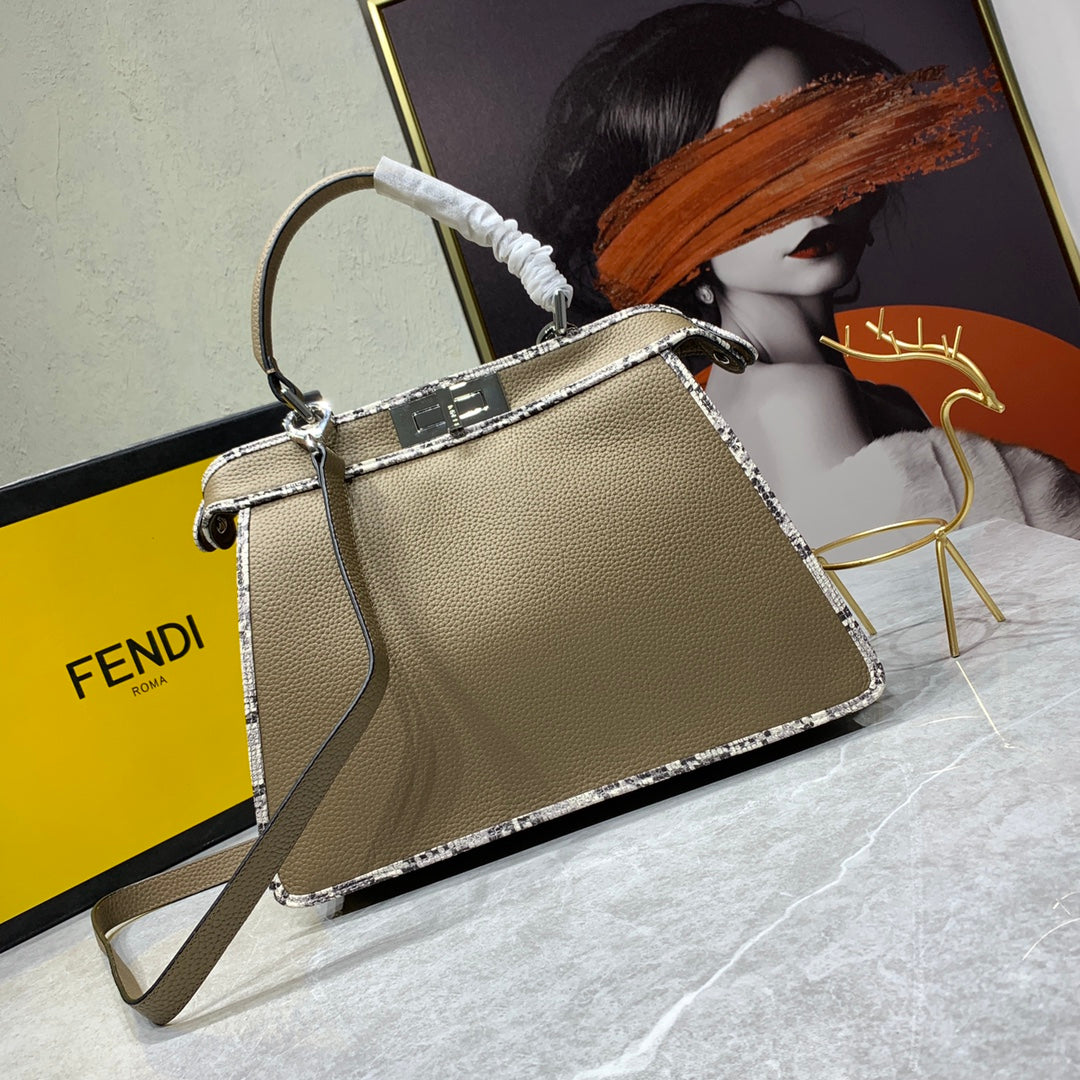 Fendi Peekaboo Leather Top Handle Bag - Taupe with FF Logo Trim