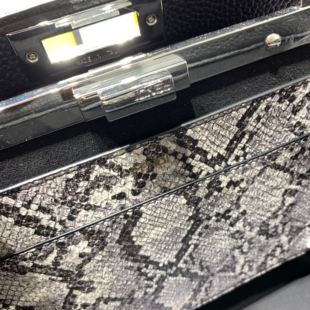 Fendi Peekaboo Medium Black Leather Handbag with Patterned Trim