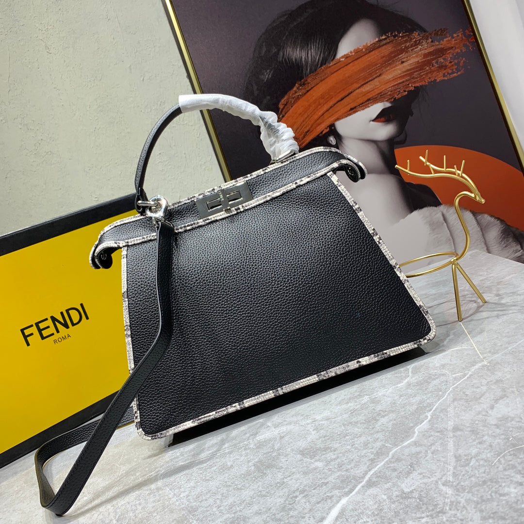 Fendi Peekaboo Medium Black Leather Handbag with Patterned Trim