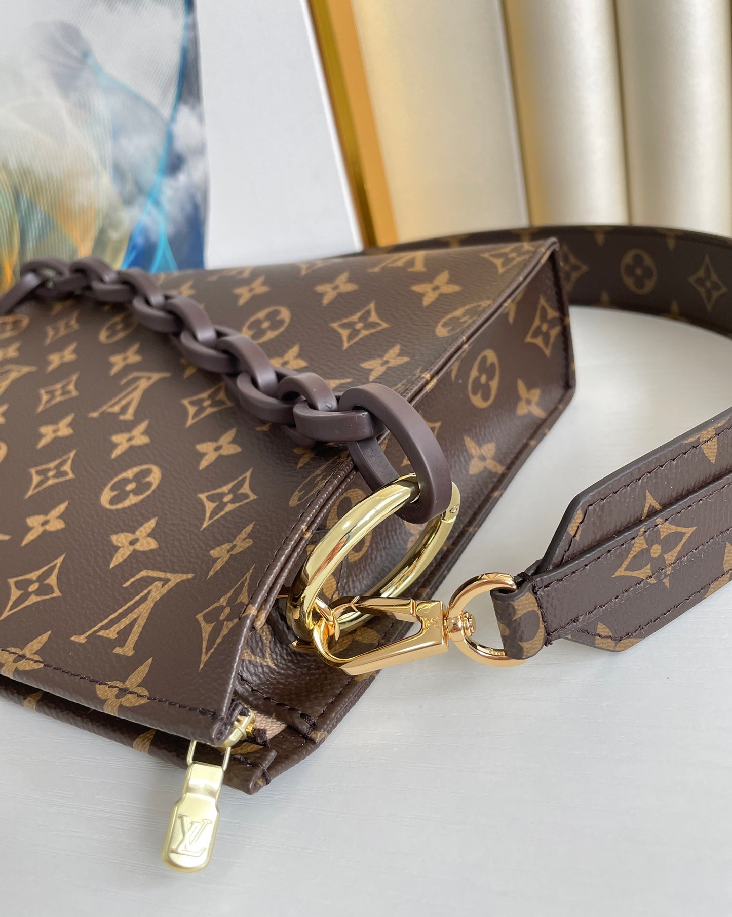 Louis Vuitton Vintage Brown Monogram Envelope Shoulder Bag with Chain Strap