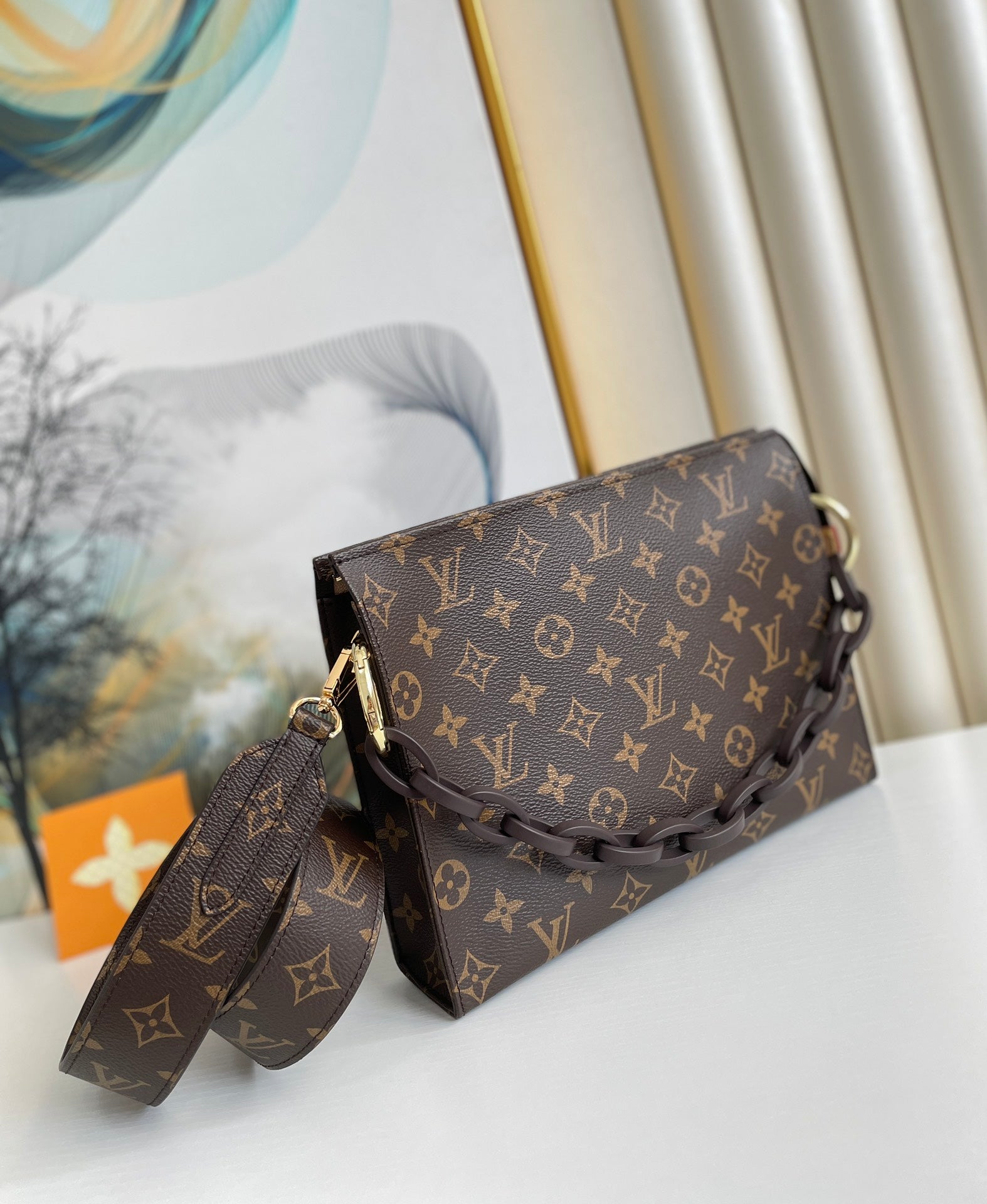Louis Vuitton Vintage Brown Monogram Envelope Shoulder Bag with Chain Strap