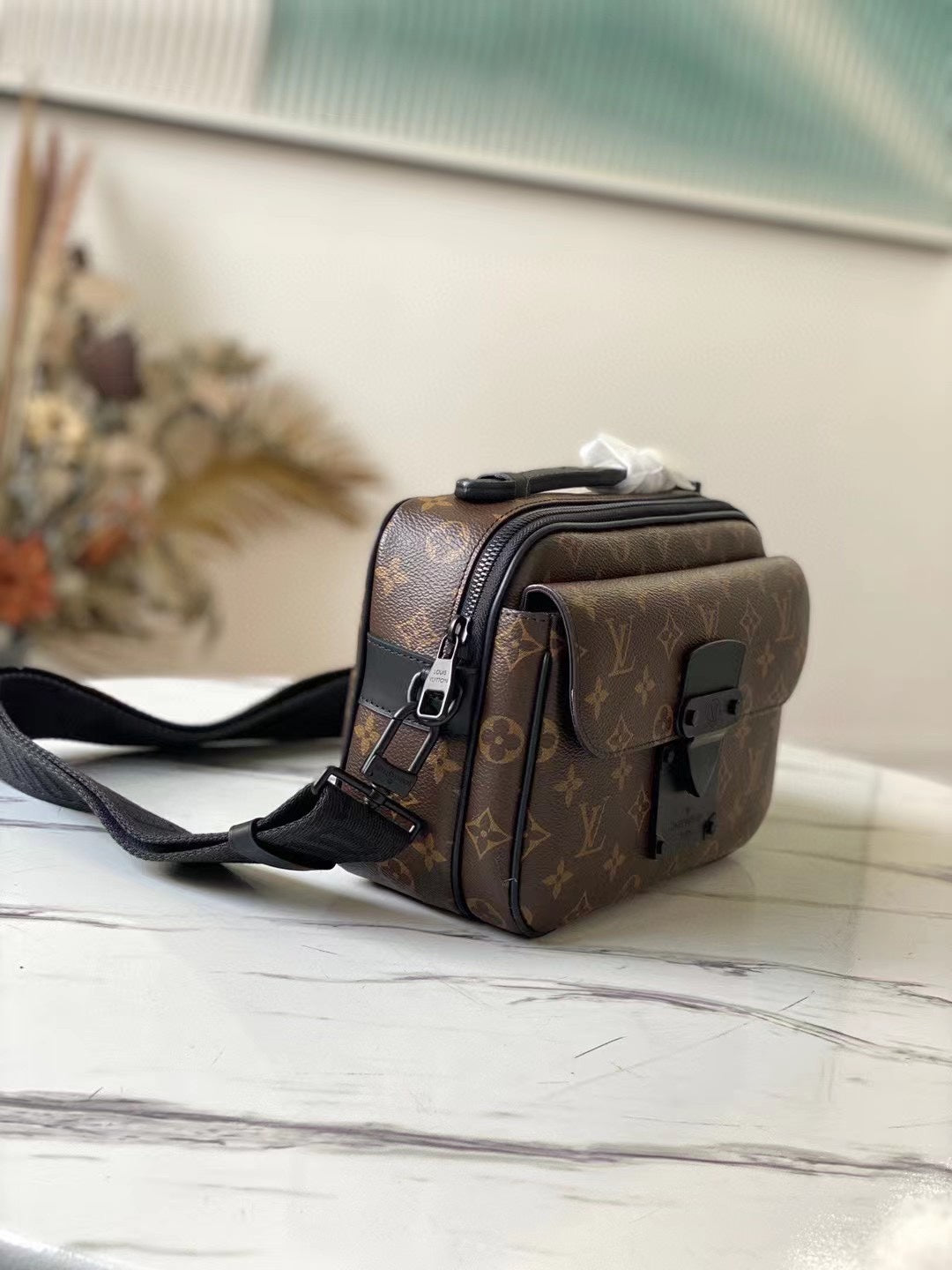 Louis Vuitton Brown Monogram Crossbody Messenger Bag with Black Strap