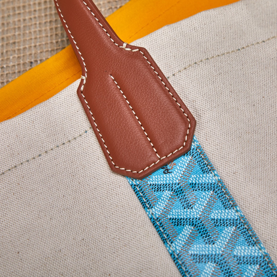 Gogy Large Canvas Shoulder Tote Bag with Leather Trim and Blue Accent Stripes