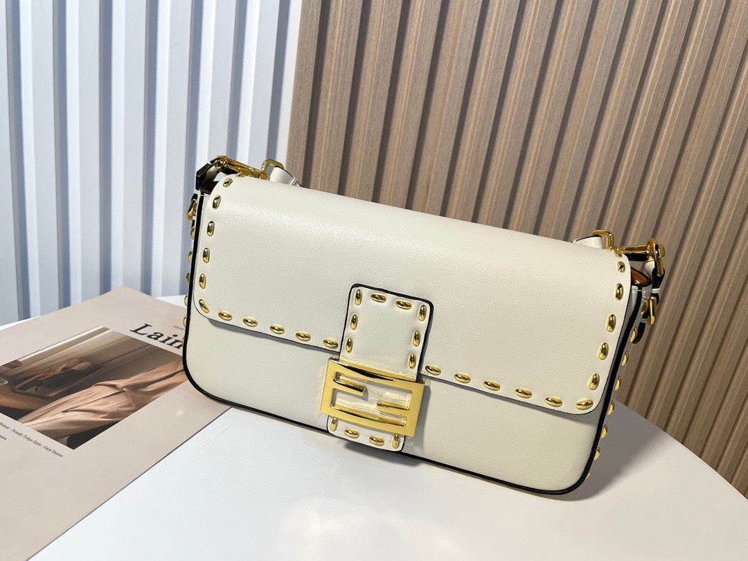 Luxury White Leather Shoulder Bag with Contrast Stitching and Gold Accents