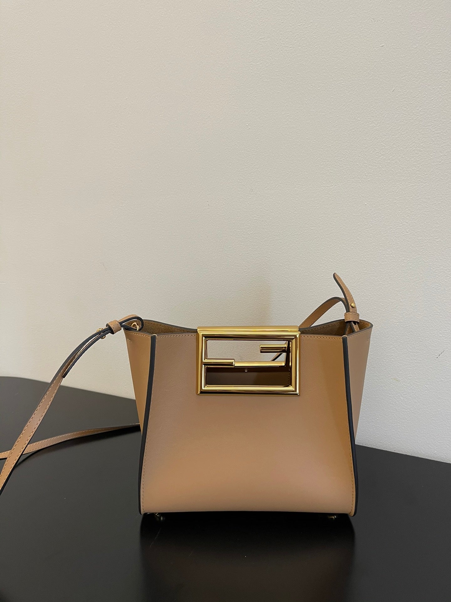 Elegant Beige Leather Handbag with Gold-Tone Cutout Handle - Small Crossbody Bucket Bag
