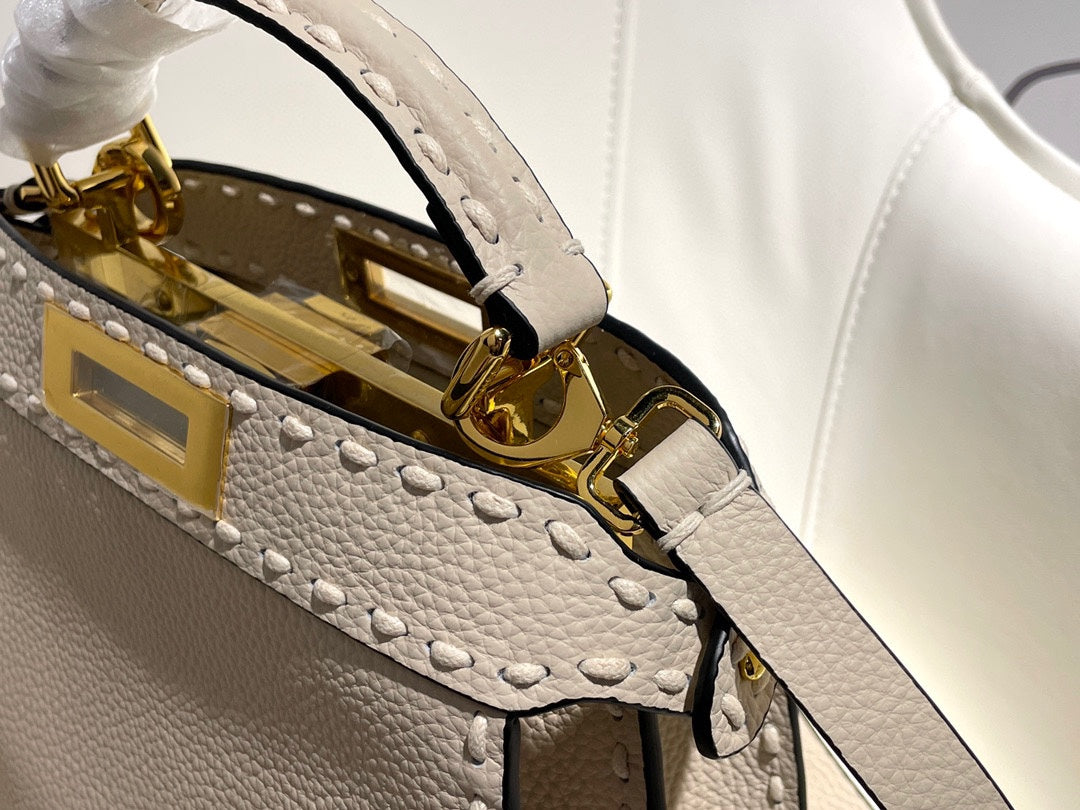 Luxury Cream White Leather Small Top Handle Handbag with Gold Hardware