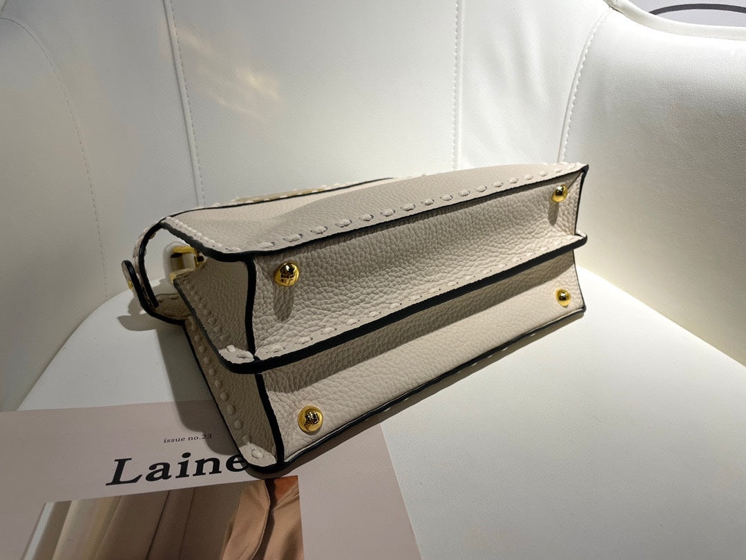 Luxury Cream White Leather Small Top Handle Handbag with Gold Hardware