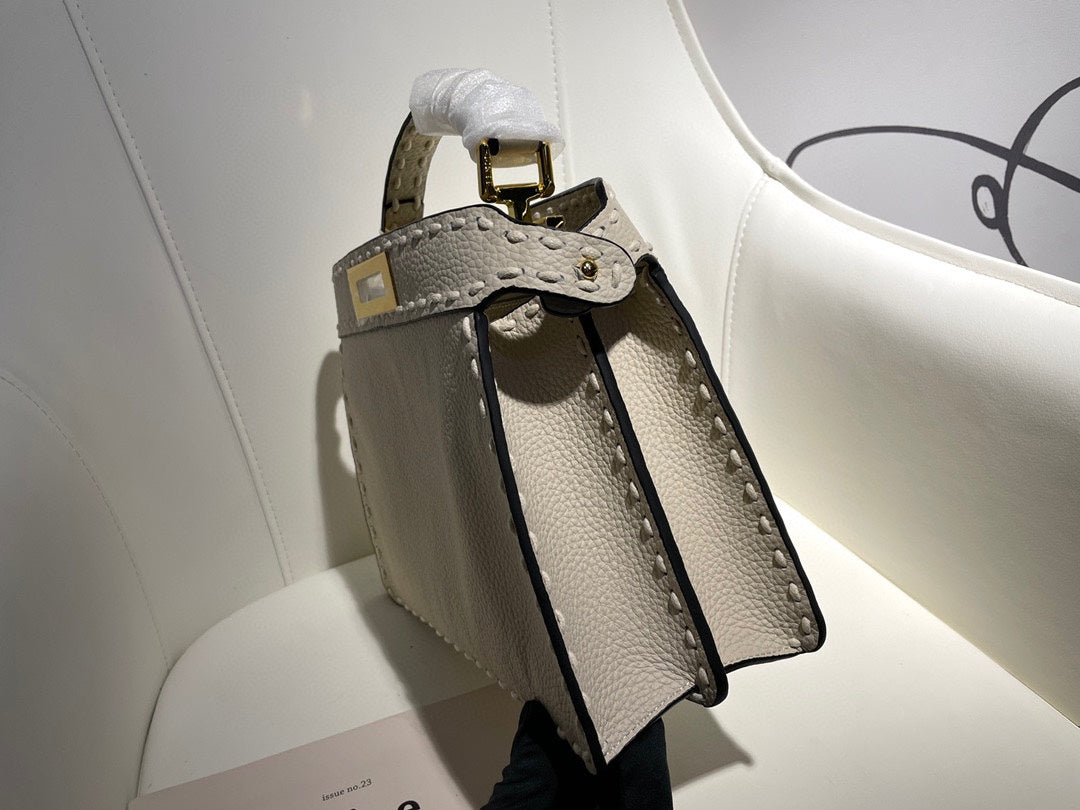 Luxury Cream White Leather Small Top Handle Handbag with Gold Hardware