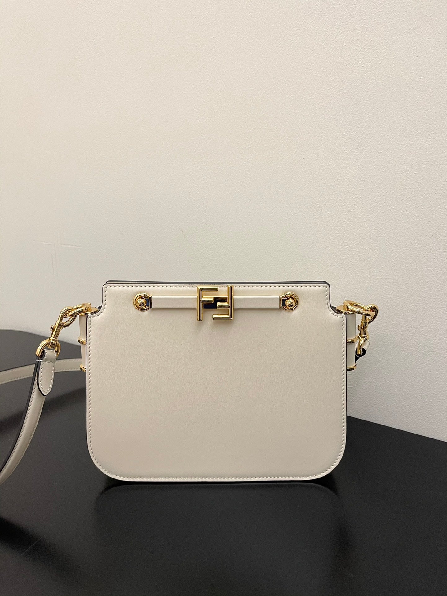 Fendi C'Mon Small White Leather Shoulder Bag with Gold FF Logo
