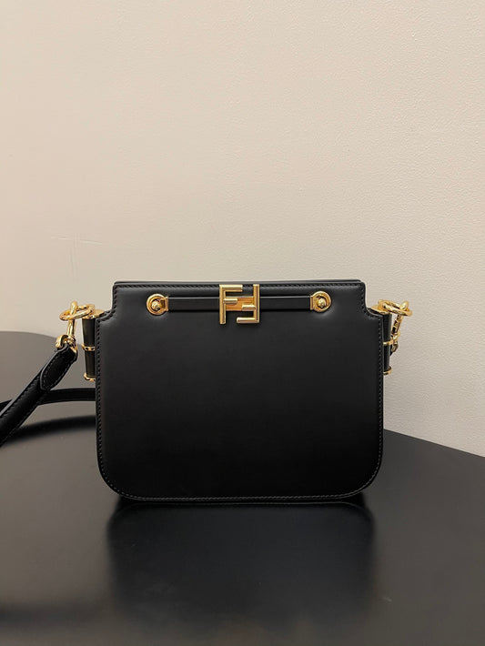 Fendi Black Leather Shoulder Bag with Gold-Tone FF Logo Clasp