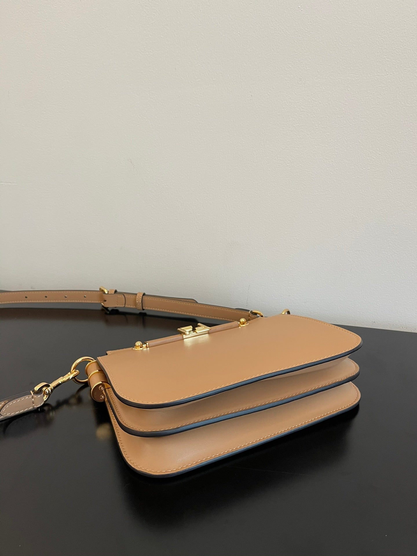 Fendi Touch Leather Shoulder Bag in Beige with Gold Hardware