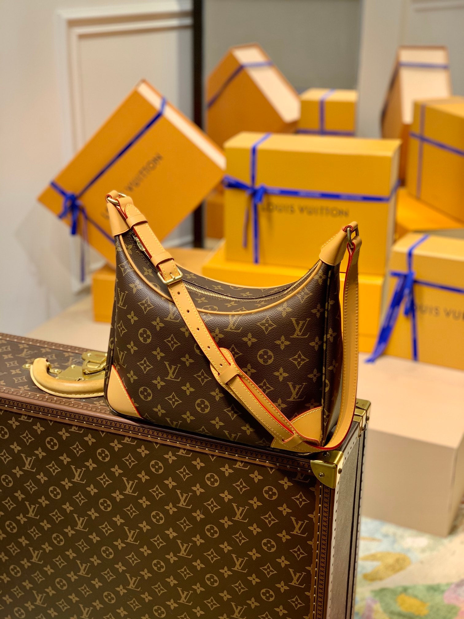 Louis Vuitton Classic Monogram Canvas Crescent Shoulder Bag with Tan Leather Trim