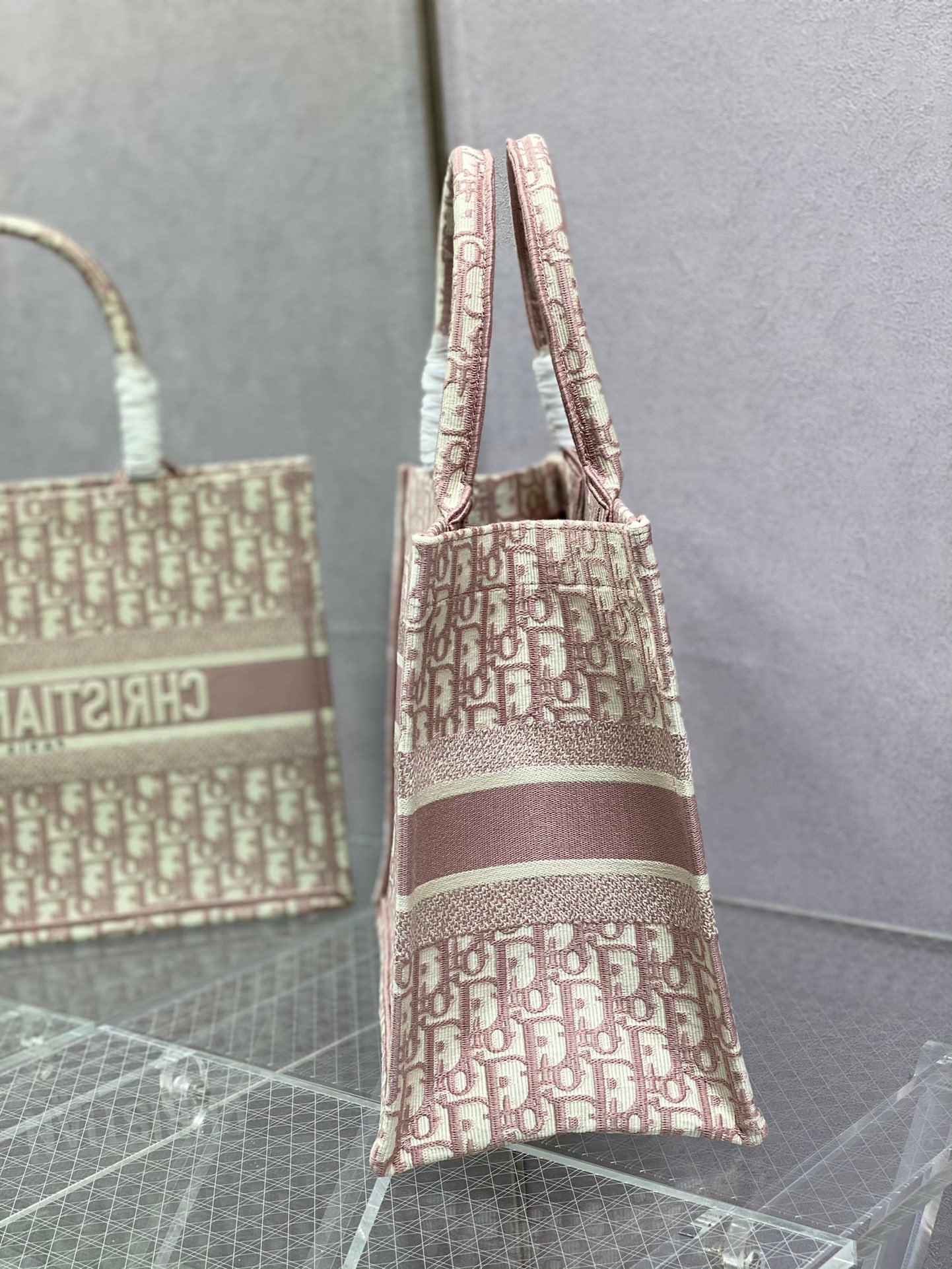 Dior Luxury Pink Oblique Monogram Embroidered Canvas Tote Bag