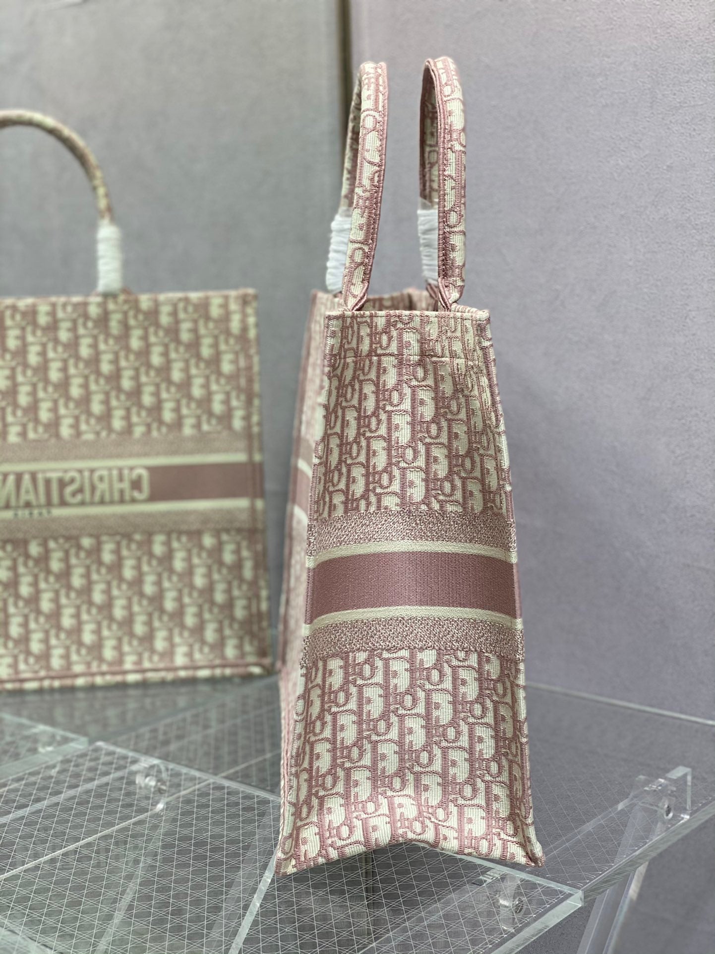 Christian Dior Book Tote Medium Pink Oblique Embroidered Canvas Bag
