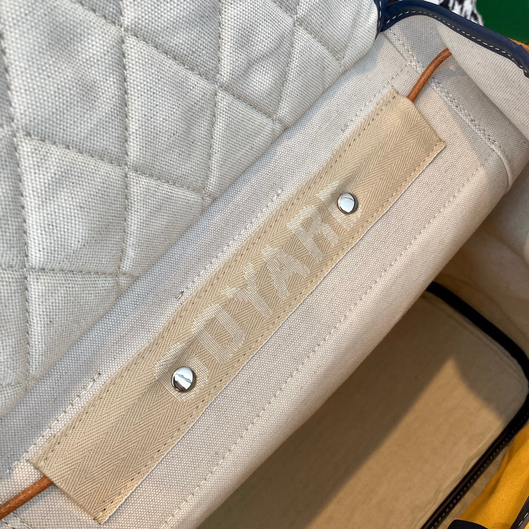 Gogy Luxury Chevron Pattern Canvas Backpack with Navy Blue Leather Flap