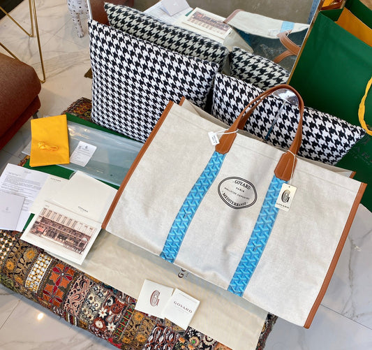 Gogy Large Canvas Tote Bag with Leather Handles and Blue Geometric Stripes