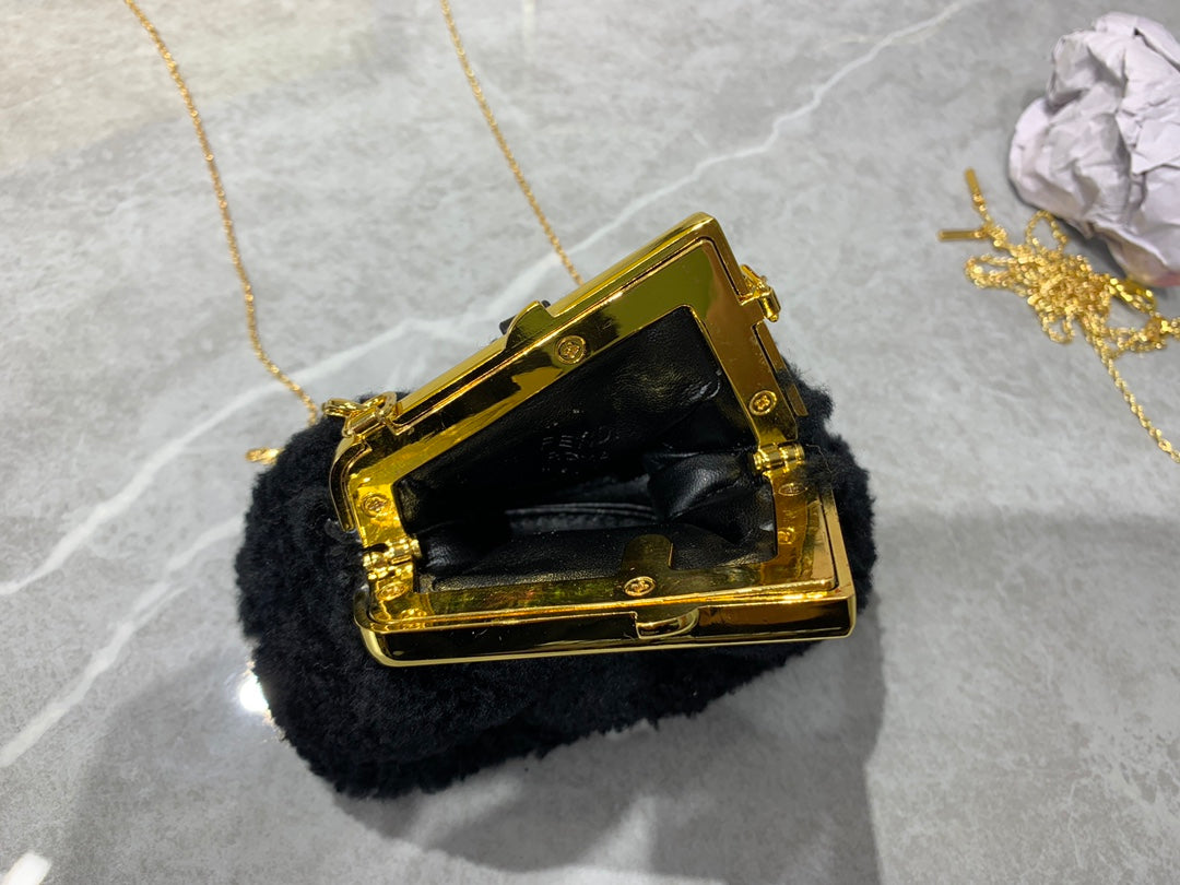 Fendi First Nano Black Shearling Chain Bag with Box