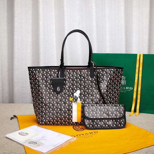 Gogy Black Chevron Monogram Tote Bag with Matching Pouch and Cartoon Dog