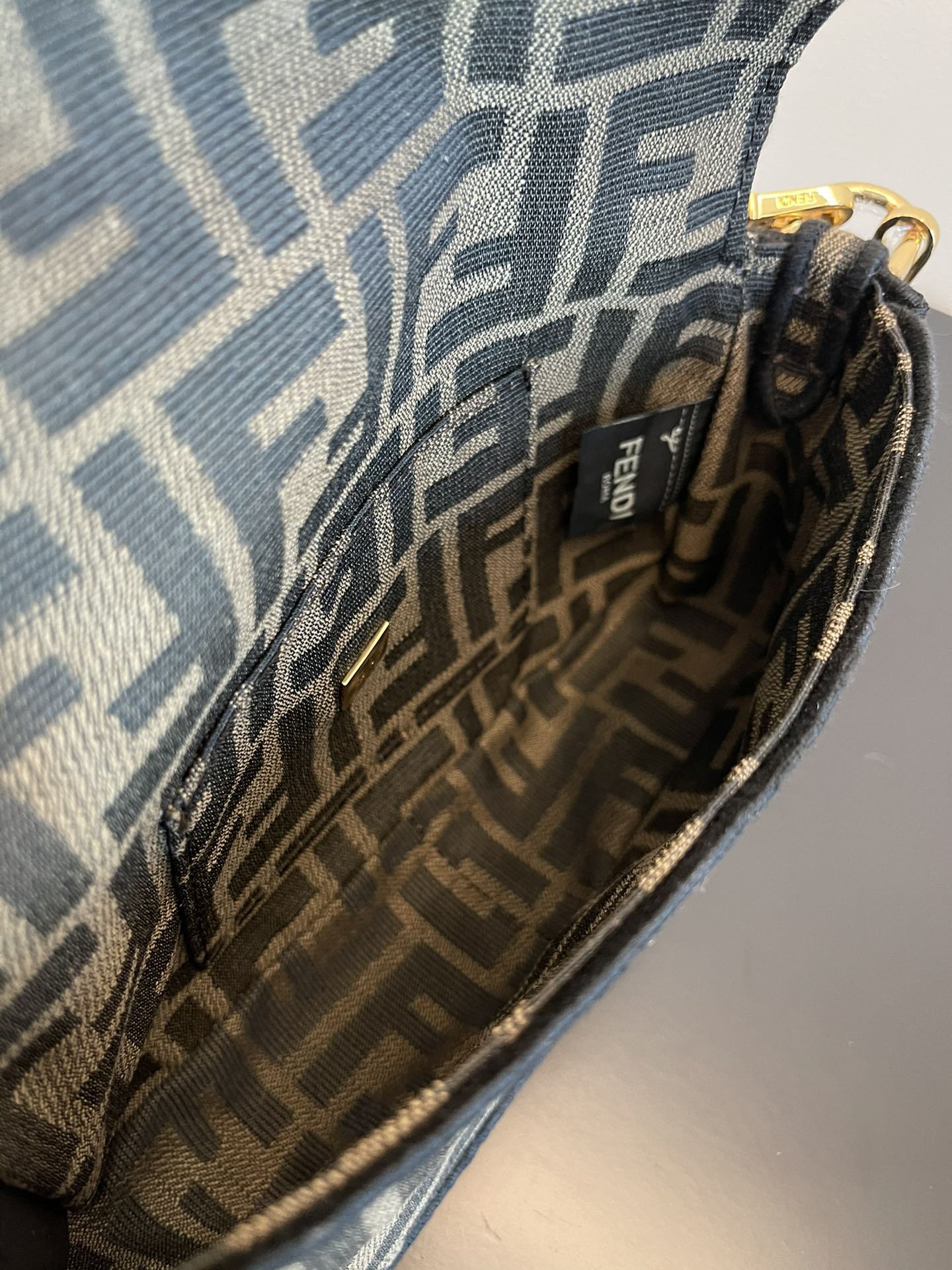Fendi Baguette Zucca Monogram Canvas Shoulder Bag with Gold-Tone Chain