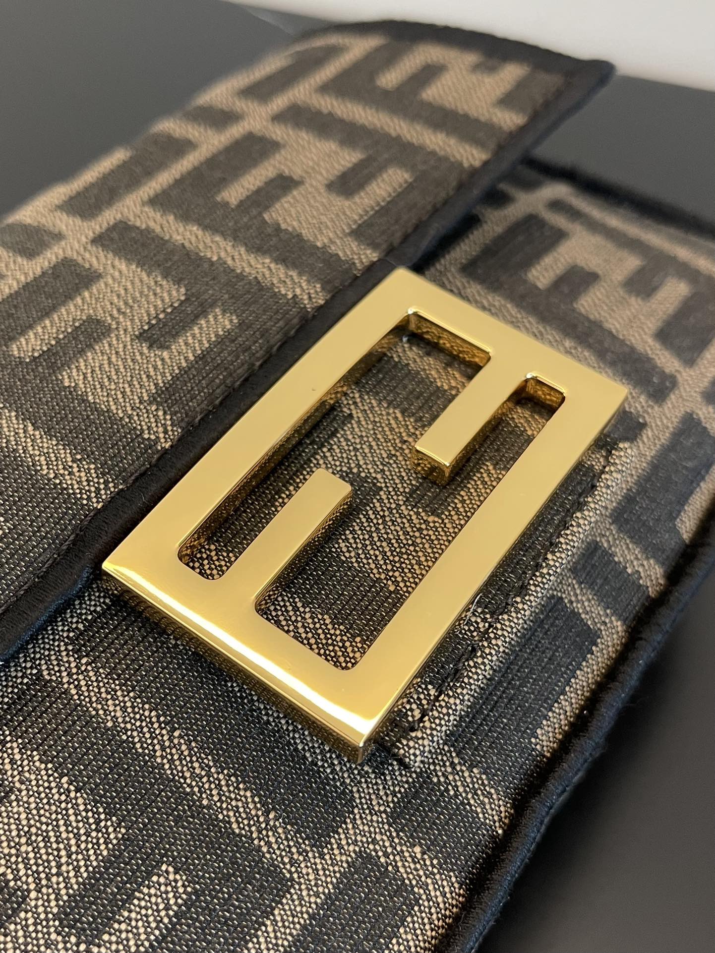 Fendi Mini Baguette Bag in FF Jacquard Fabric with Gold Chain Strap