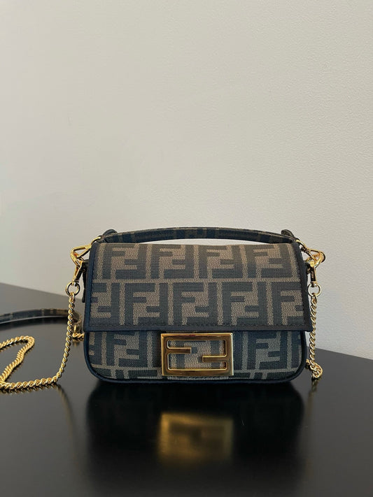 Fendi Baguette Zucca Monogram Canvas Shoulder Bag with Gold-Tone Chain