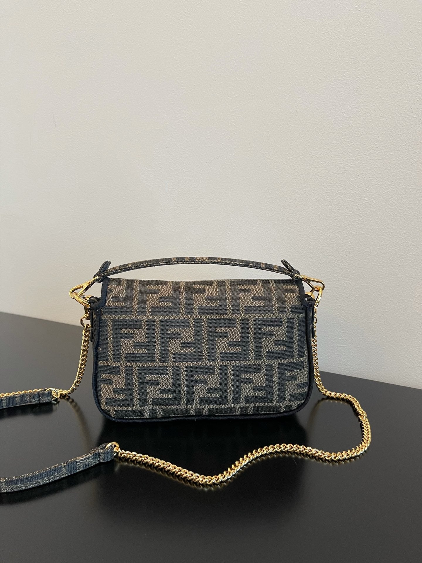 Fendi Monogram Canvas Baguette Bag with Gold-Tone Chain Strap - Navy/Grey