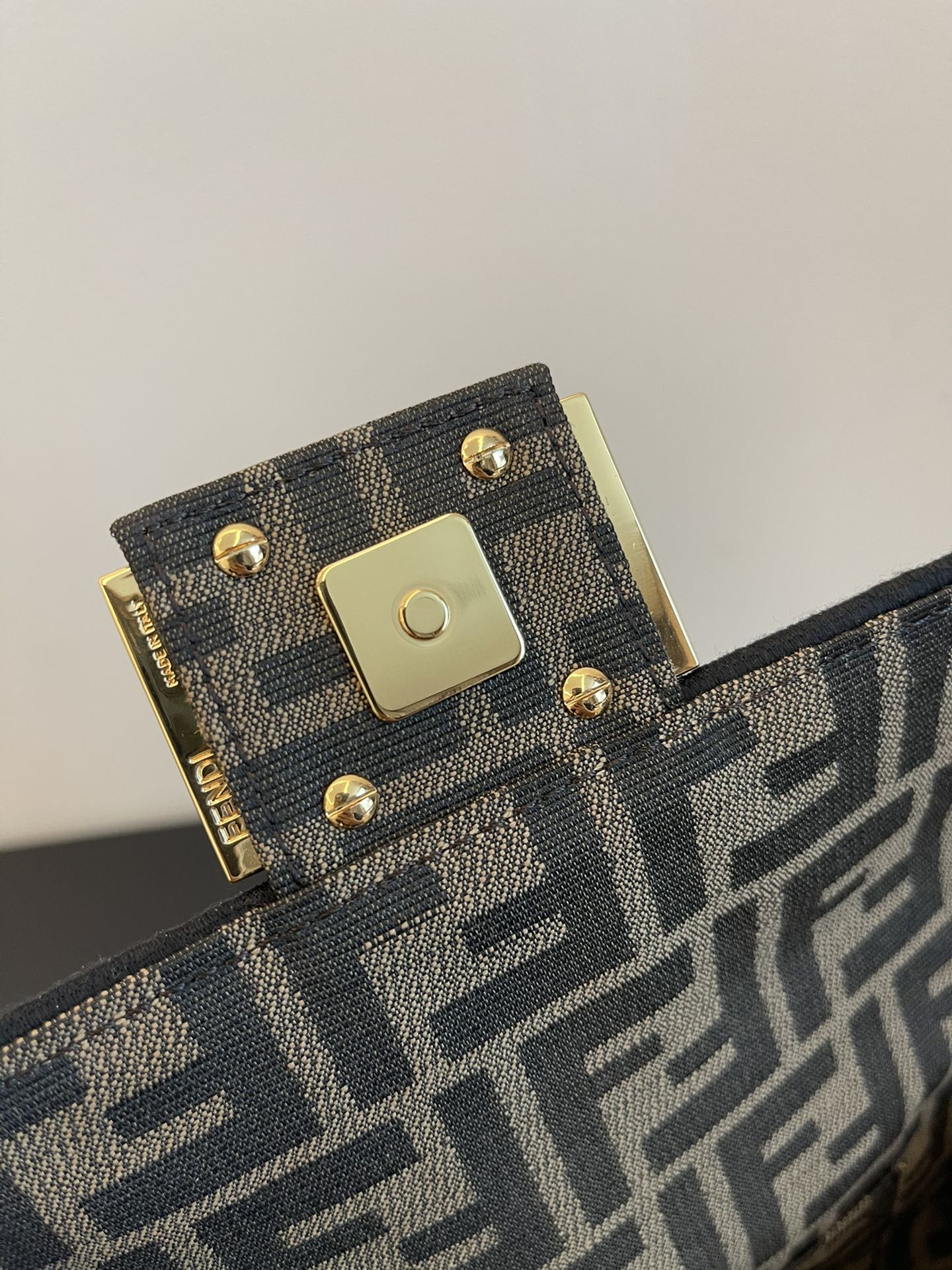Fendi Mini Baguette Bag in FF Jacquard Fabric with Gold Chain Strap