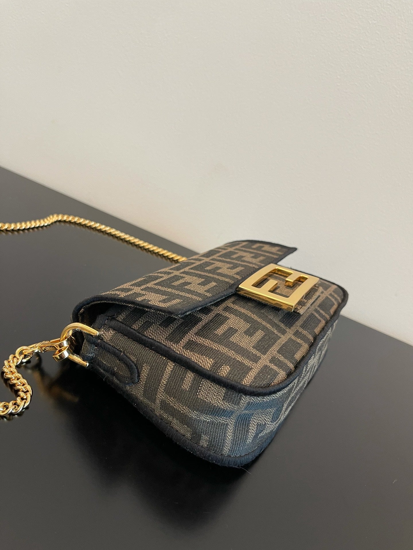 Fendi Mini Baguette Bag in FF Jacquard Fabric with Gold Chain Strap