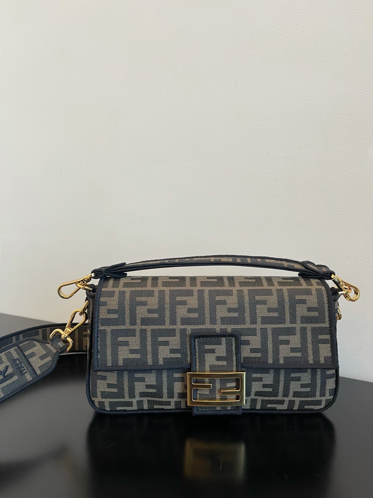Fendi Baguette Mini Monogram Fabric Shoulder Bag - Brown/Grey