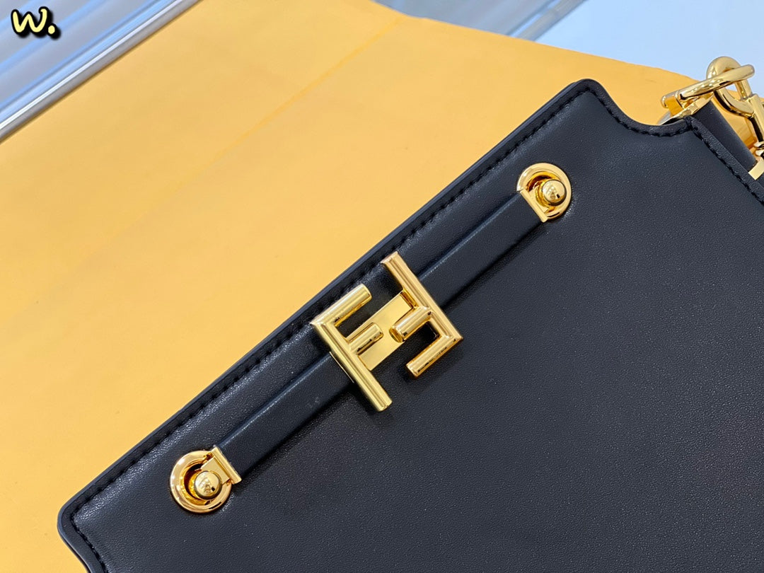 Fendi Touch Black Leather Shoulder Bag with Gold-Tone FF Logo