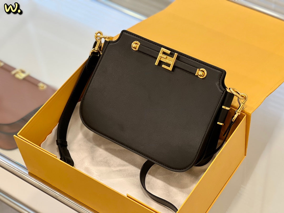 Fendi Touch Black Leather Shoulder Bag with Gold-Tone FF Logo