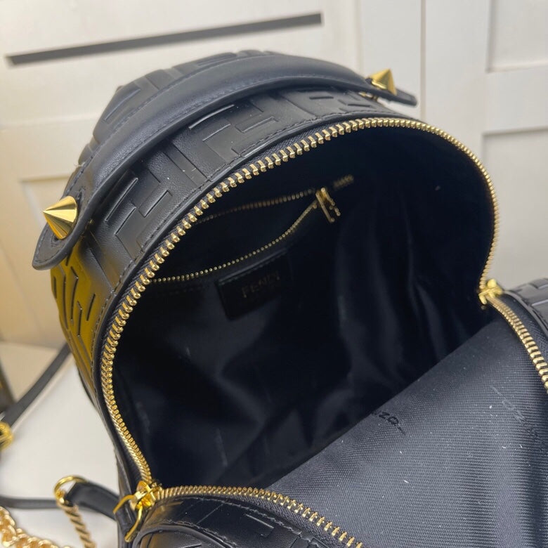 Fendi Black Embossed FF Logo Leather Mini Backpack with Gold-Tone Hardware