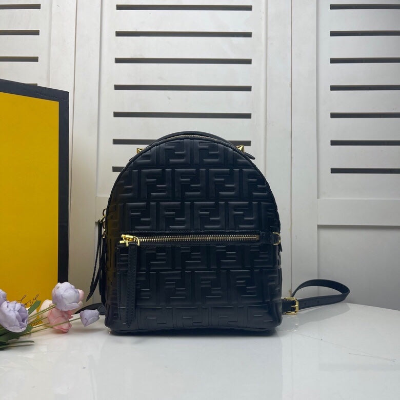 Fendi Black Embossed FF Logo Leather Mini Backpack with Gold-Tone Hardware