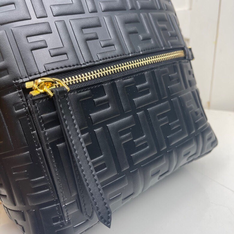Fendi Black Embossed FF Logo Leather Mini Backpack with Gold-Tone Hardware