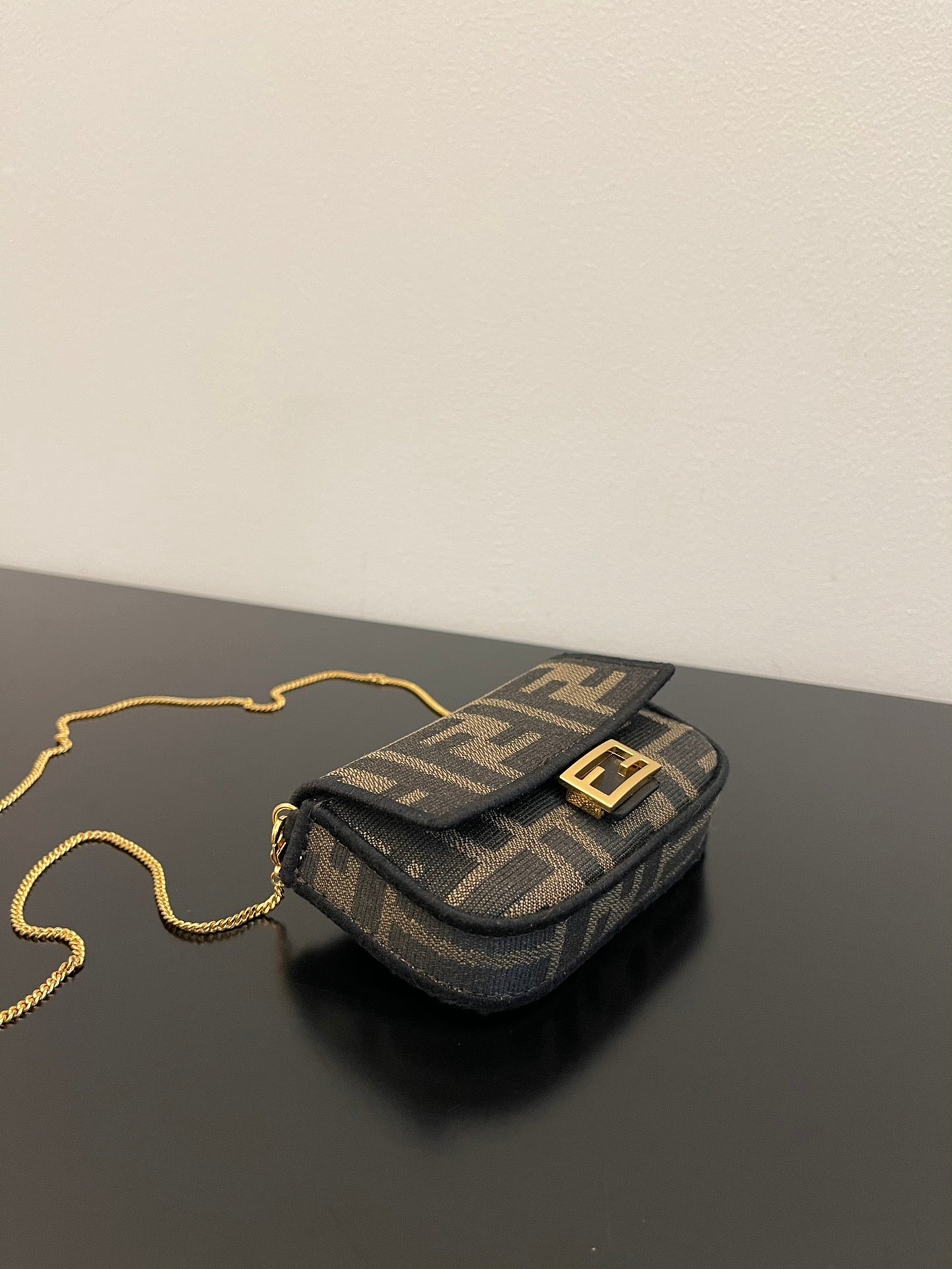 Fendi Nano Baguette Charm in Brown Zucca Canvas with Gold Chain
