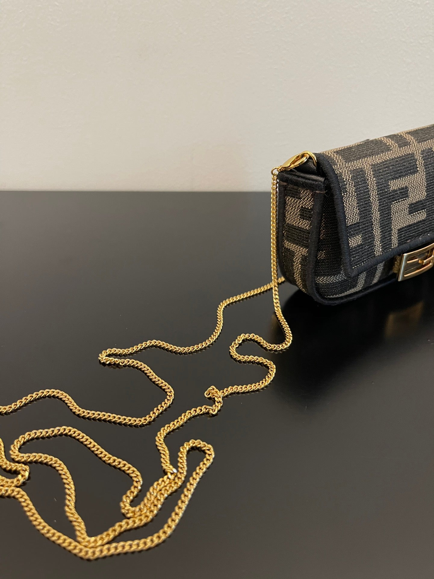 Fendi Nano Baguette Charm in Brown Zucca Canvas with Gold Chain