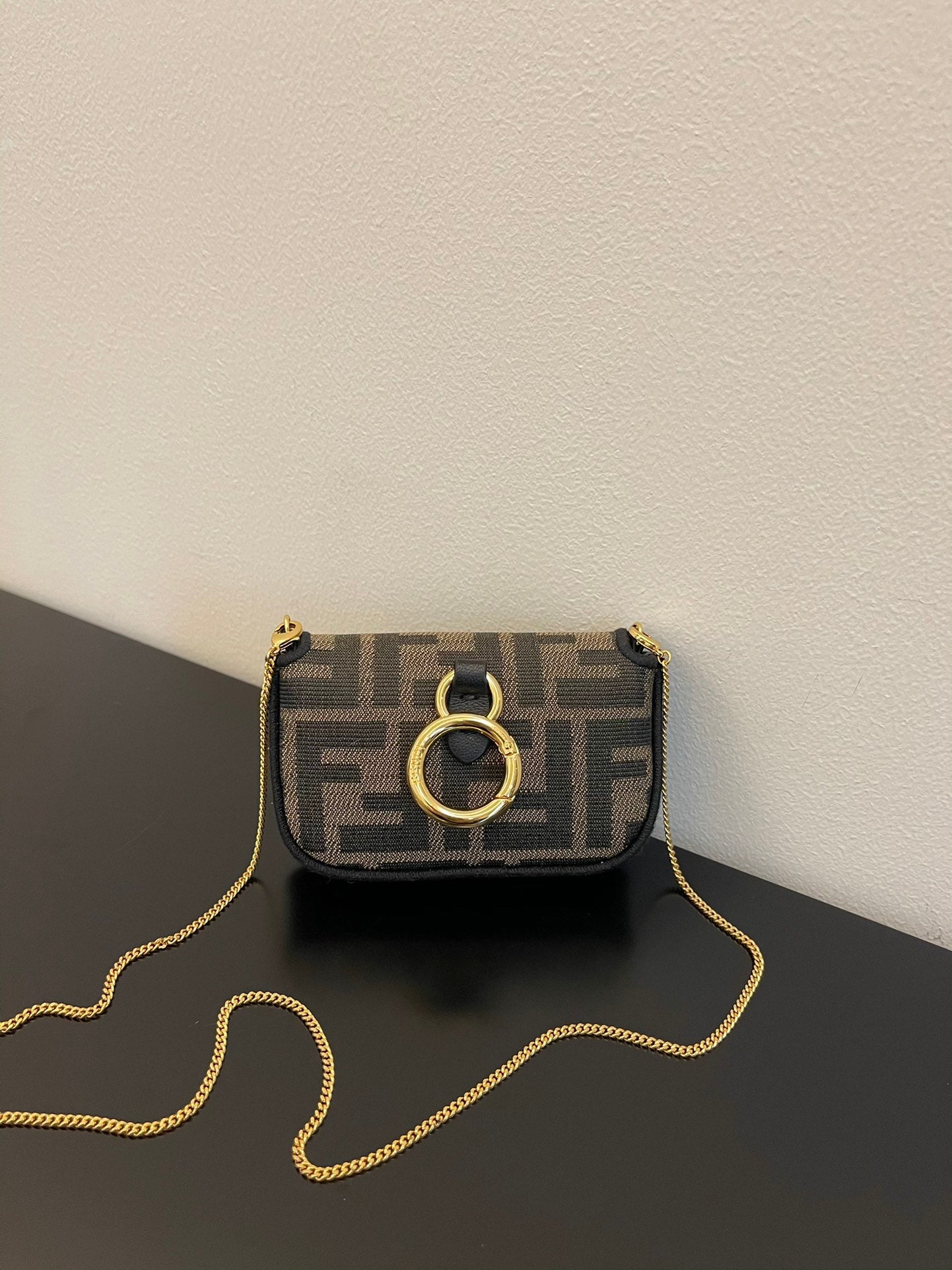 Fendi FF Canvas Nano Baguette Charm with Gold-Tone Ring Handle