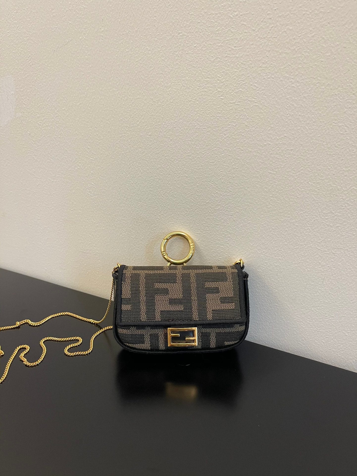 Fendi Nano Baguette Charm in Brown Zucca Canvas with Gold Chain