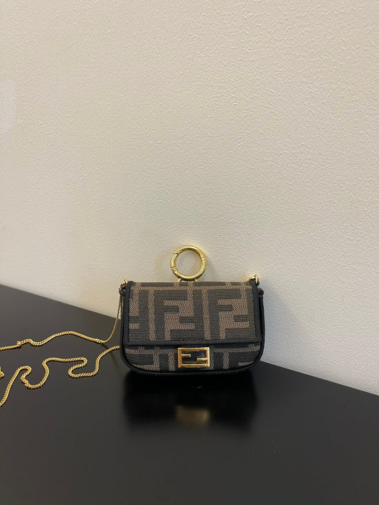 Fendi Nano Baguette Charm in Brown Zucca Canvas with Gold Chain