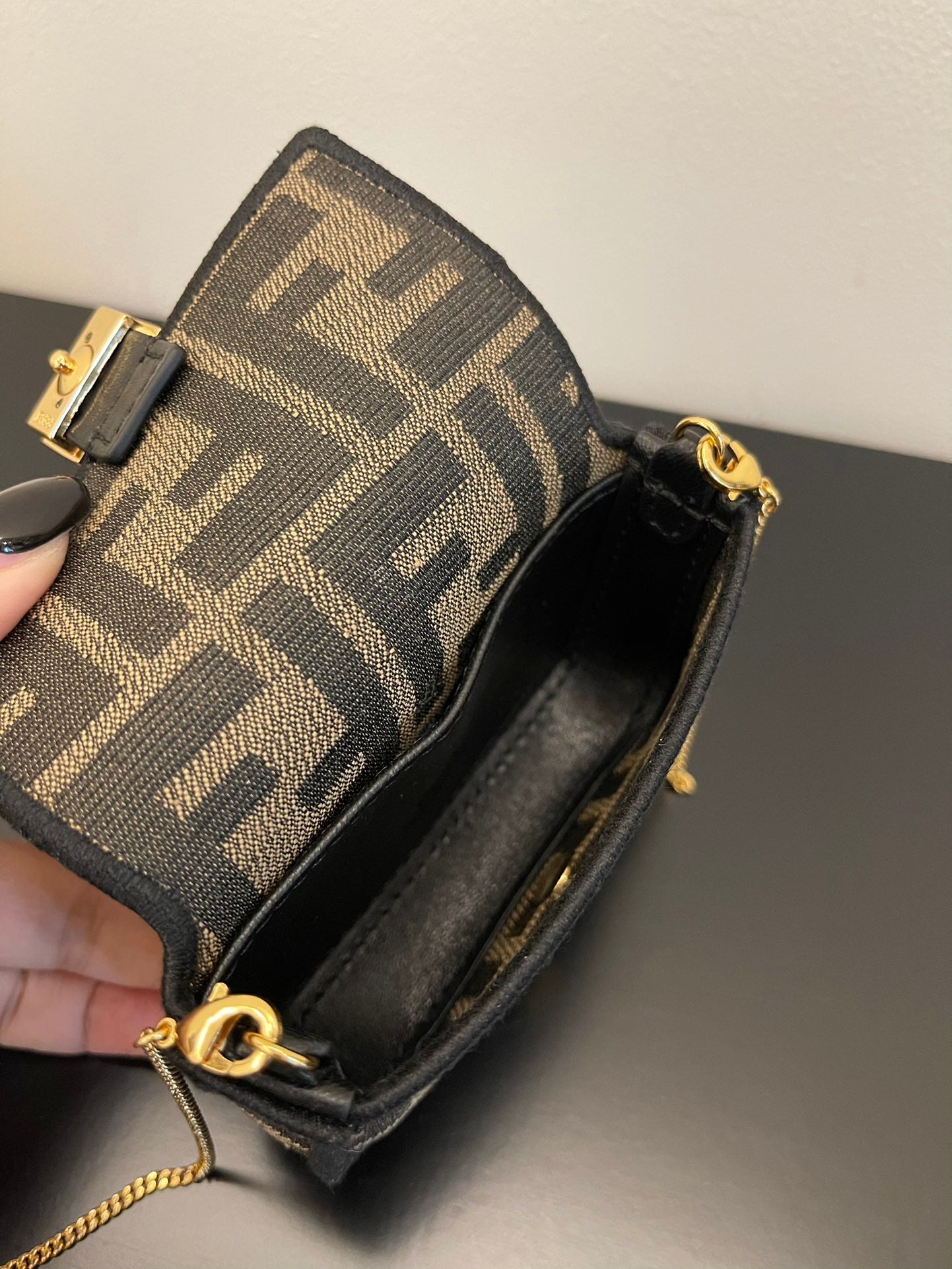 Fendi Nano Baguette Charm in Brown Zucca Canvas with Gold Chain