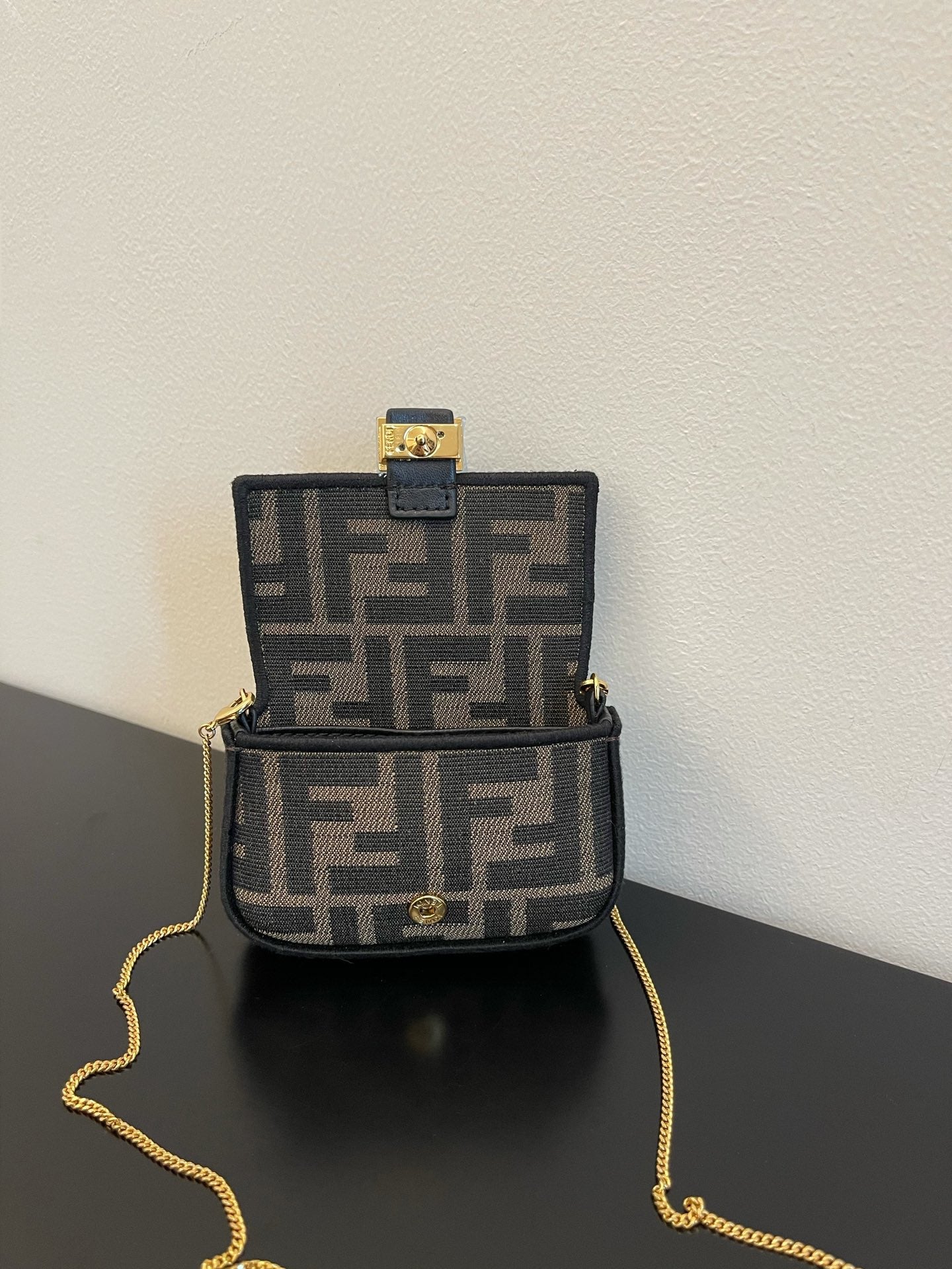 Fendi FF Canvas Nano Baguette Charm with Gold-Tone Ring Handle