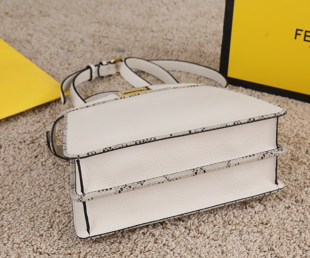 Fendi Peekaboo Small White Leather Handbag with Gold-Tone Hardware