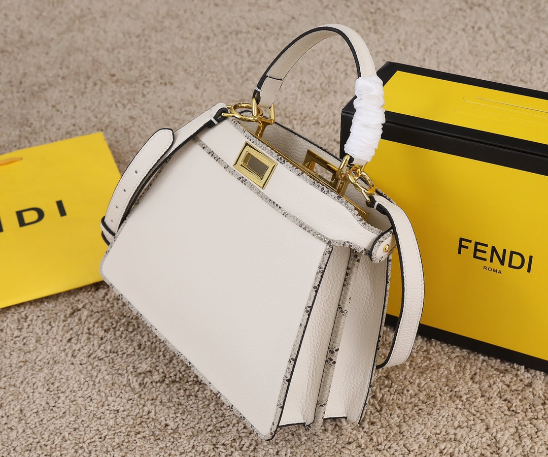Fendi Peekaboo White Leather Medium Top Handle Bag with Shoulder Strap