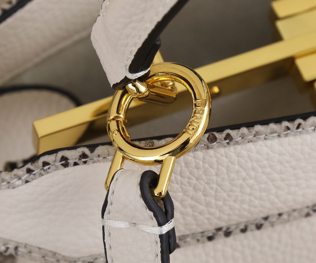 Fendi Peekaboo Small White Leather Handbag with Gold-Tone Hardware